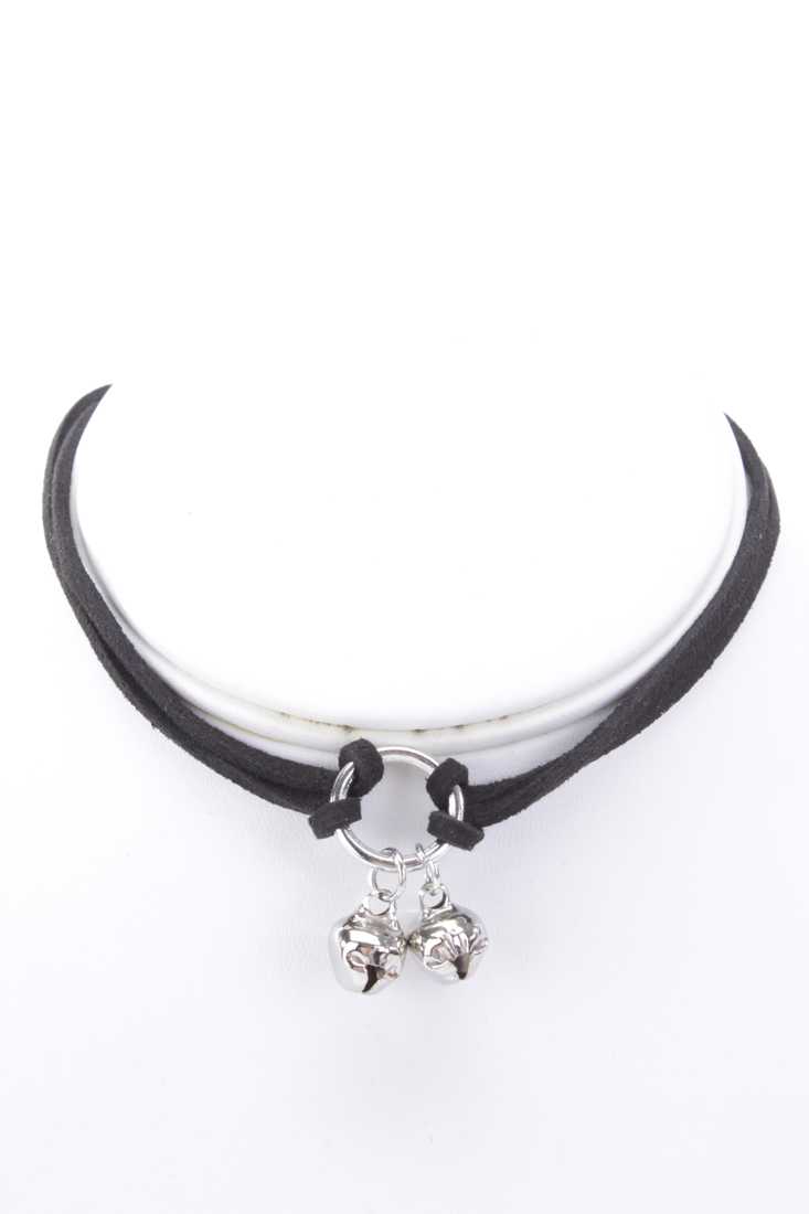 Silver Black Faux Suede O-ring Bells Detail Choker Necklace