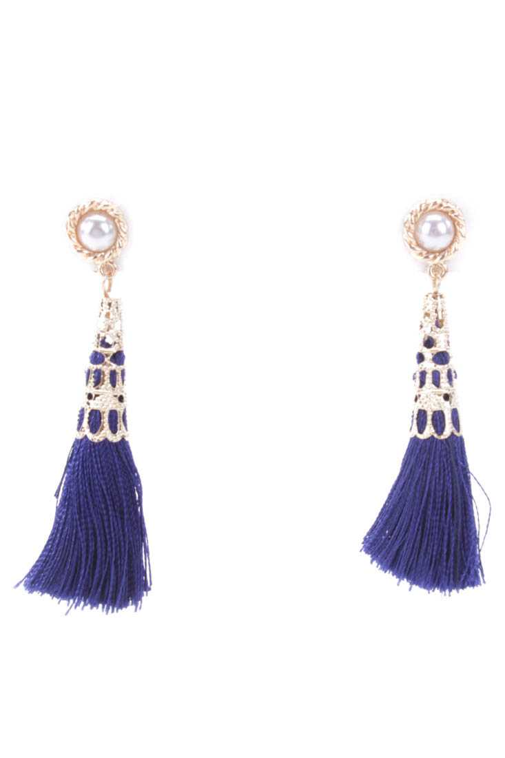 Navy High Polish Intricate Shimmer Beaded Tassel Earrings
