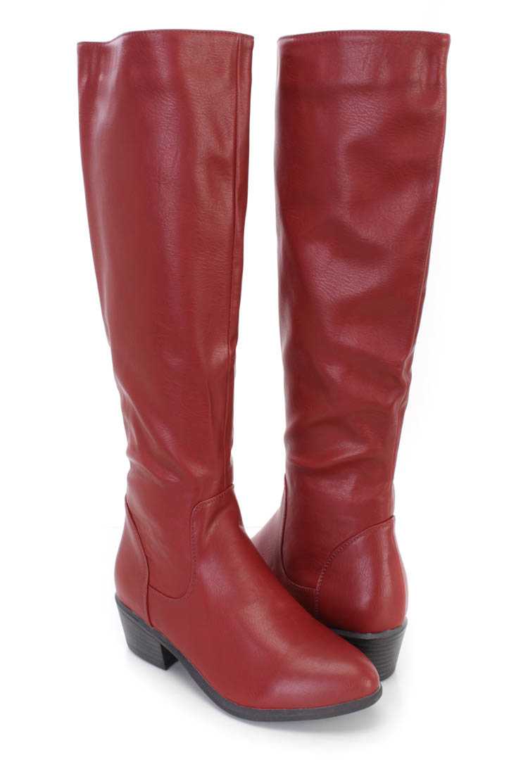 Wine Knee High Riding Boots Faux Leather