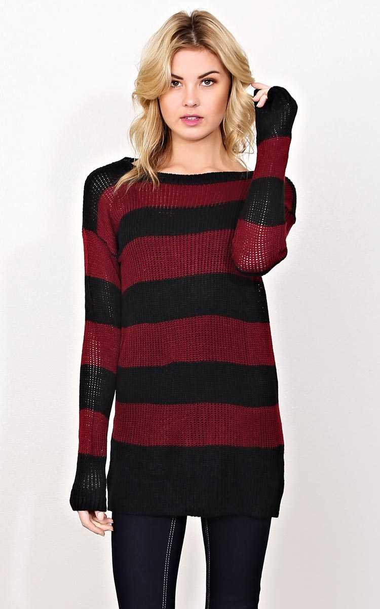 On The Line Sweater Knit Top - SML - Wine Combo in Size Small by Styles For Less