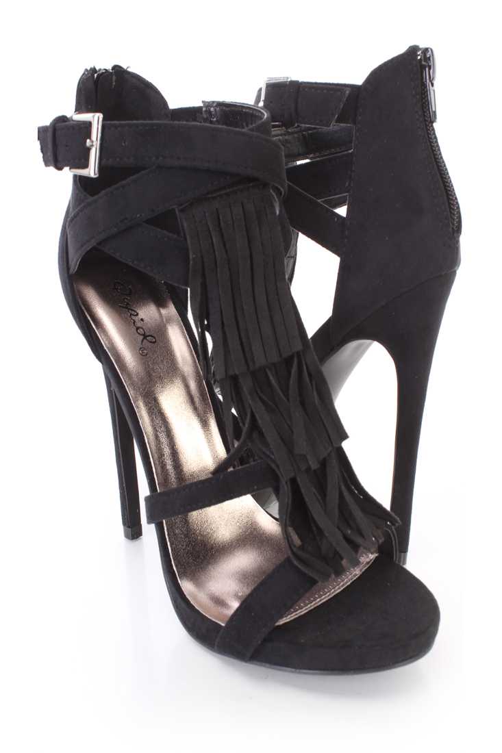 Black Fringe Strappy Single Sole High Heels Faux Suede