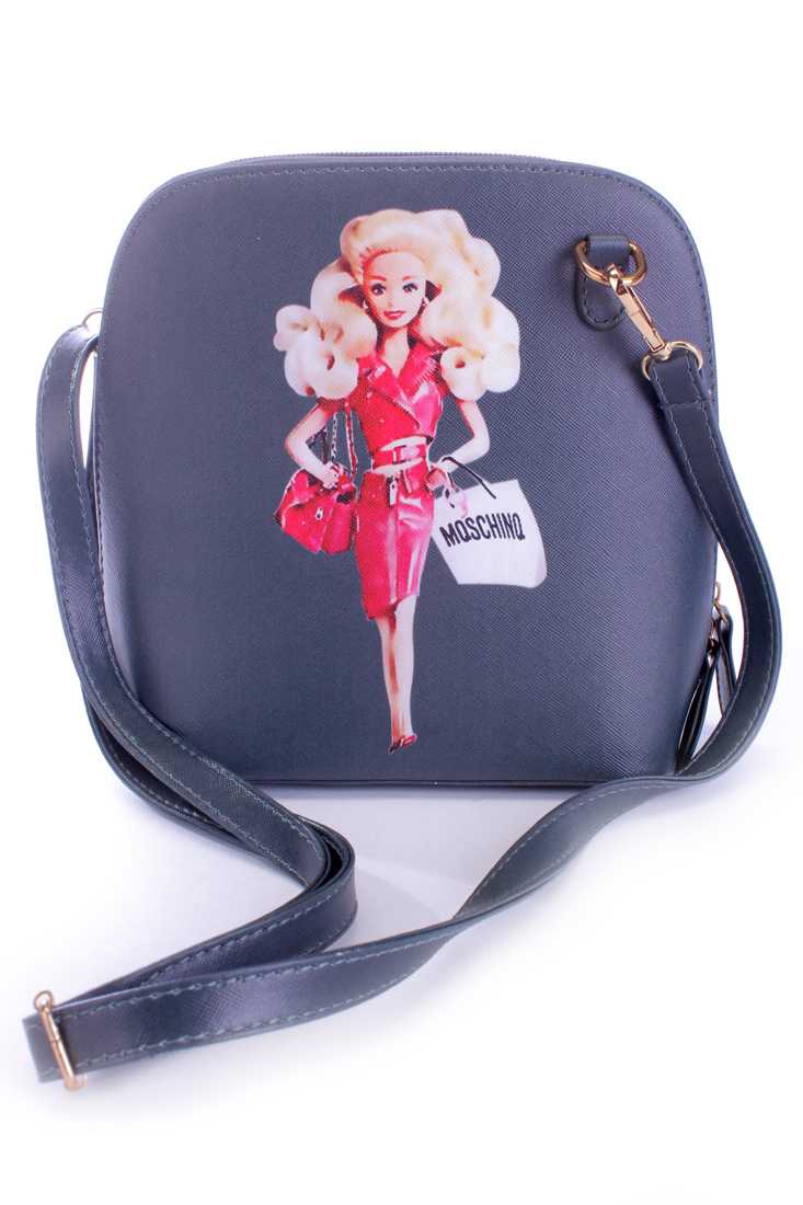 Grey Faux Leather Doll Print Handbag