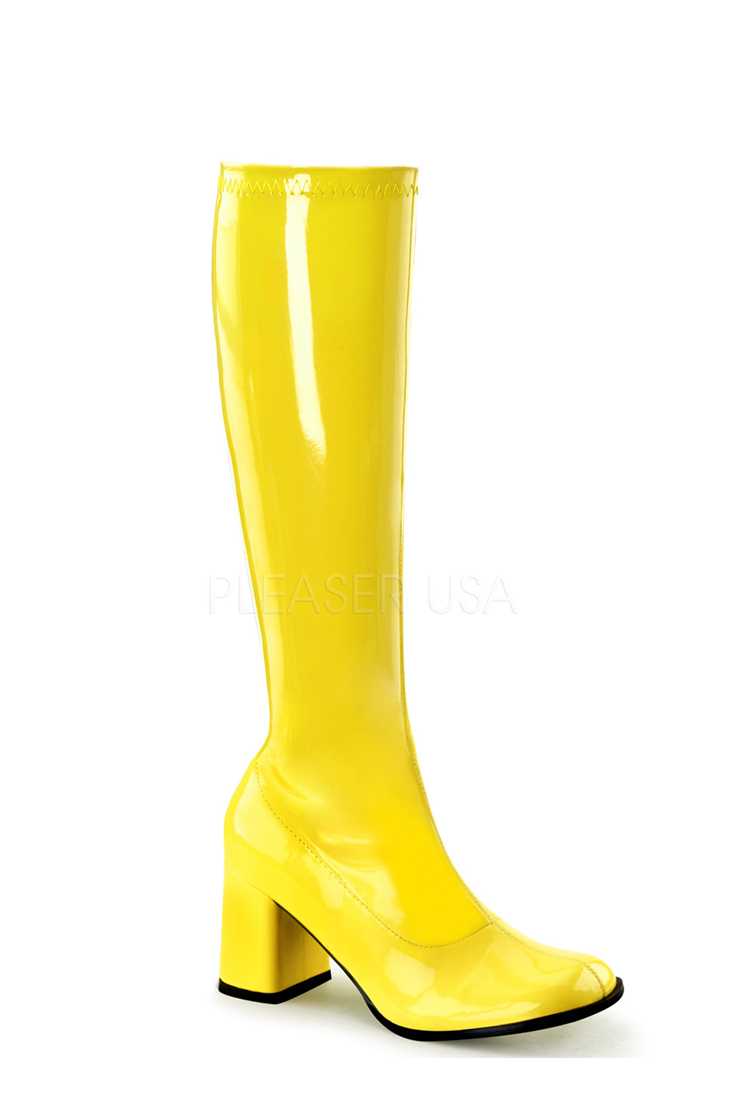 Neon Yellow Chunky Heel GoGo Boots Patent Faux Leather