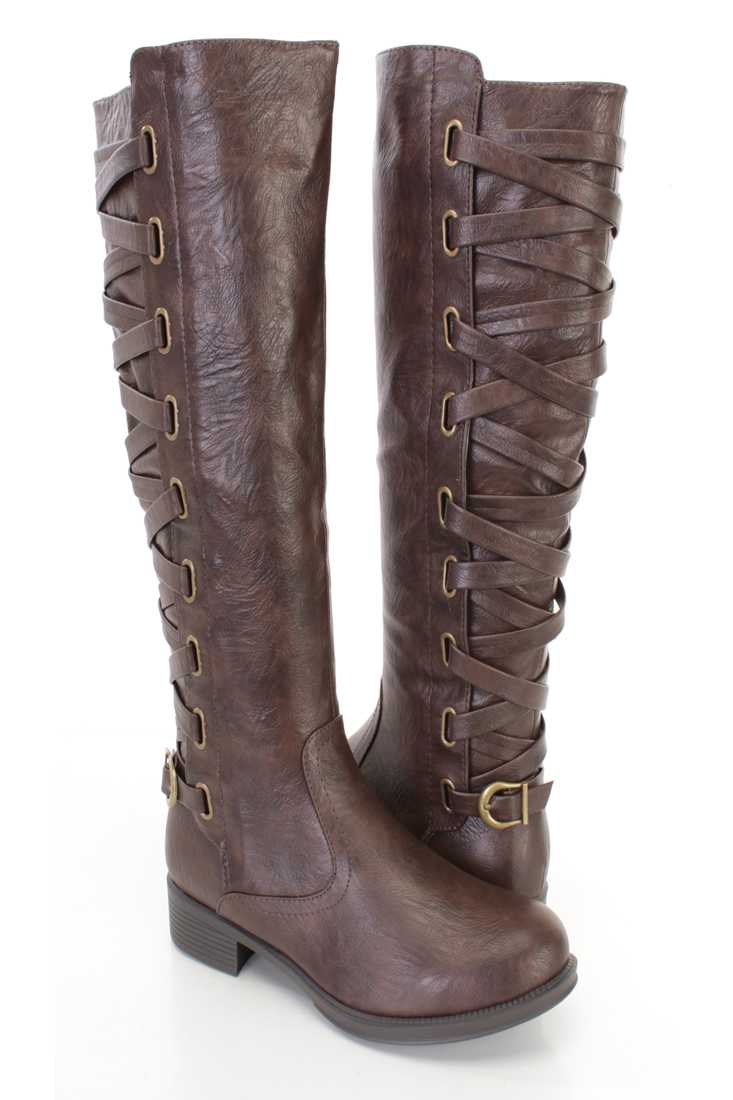 Brown Lace Up Shaft Ridding Boots Faux Leather