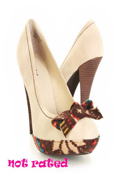 Cream Faux Leather Knit Sweater Bow Platform High Heels Pumps