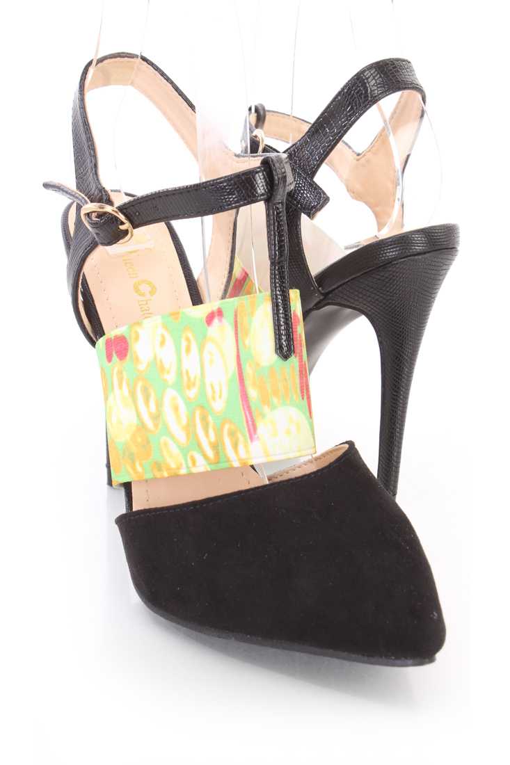 Black Printed Mid Strap Single Sole High Heels Faux Suede