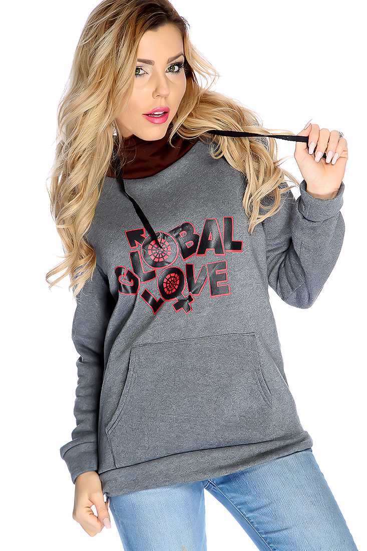 Charcoal Global Love Print Hooded Sweater