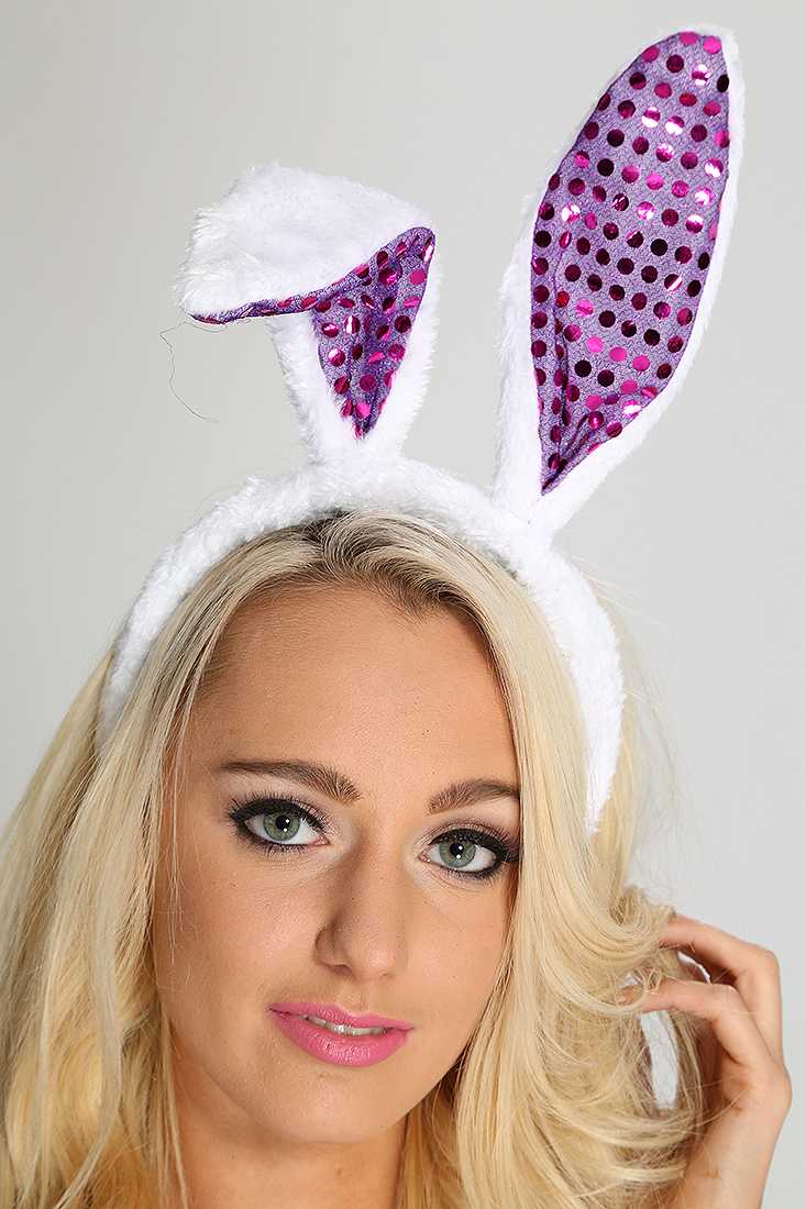 White Purple Sequin Faux Fur Bunny Ears