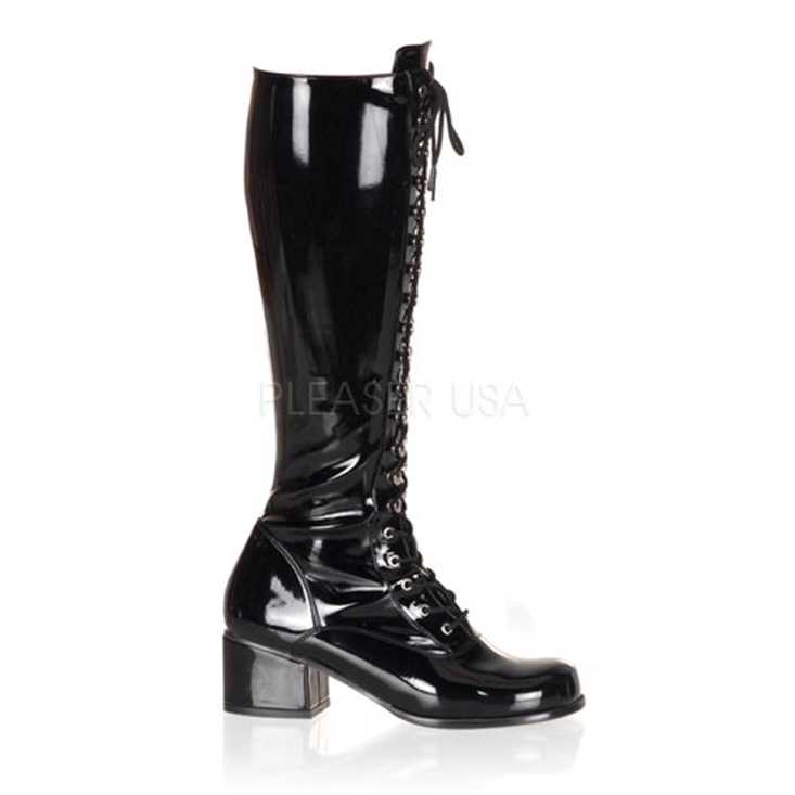 Black Stretch Patent Block Heel Lace Up Boots