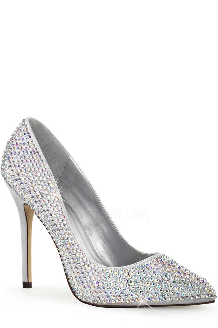 Silver Rhinestone Single Sole Pump High Heels Satin
