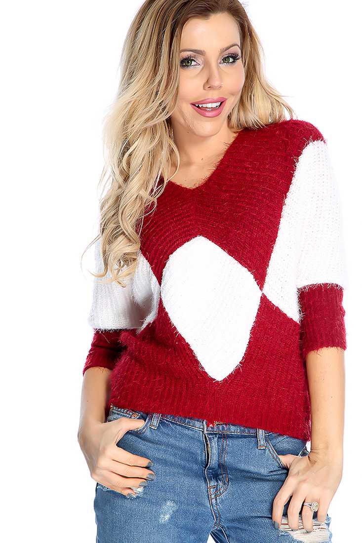 Wine White Knitted Two Tone Sweater Top