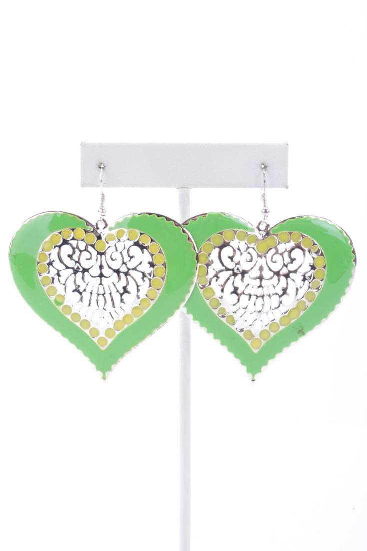 Lime Lacquer Finished Intricate Design High Polish Metal Earrings