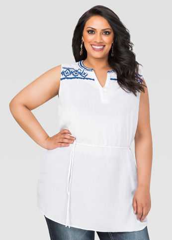 Belted Embroidered Gauze Tunic
