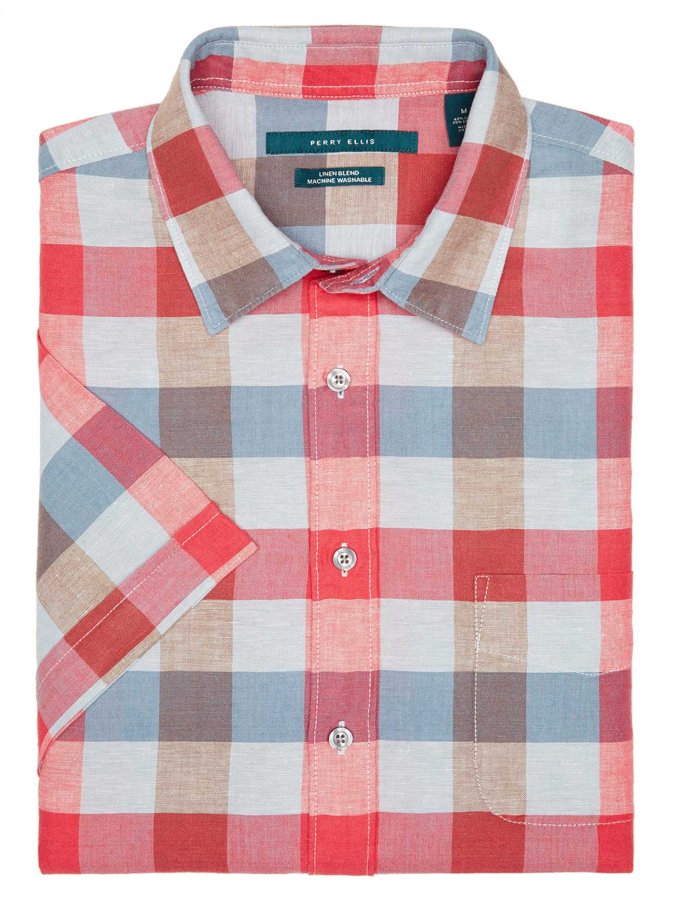Perry Ellis Short Sleeve Plaid Linen Shirt