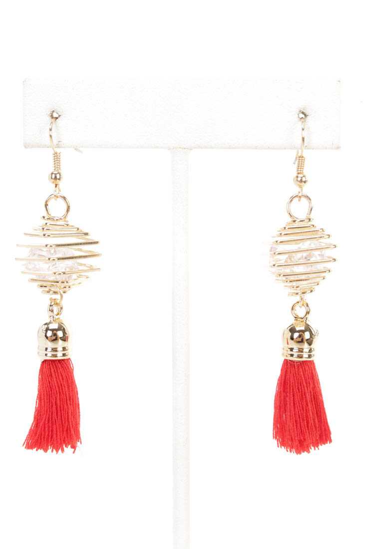 Red Gold Cage and Tassel Detailed High Polish Earrings