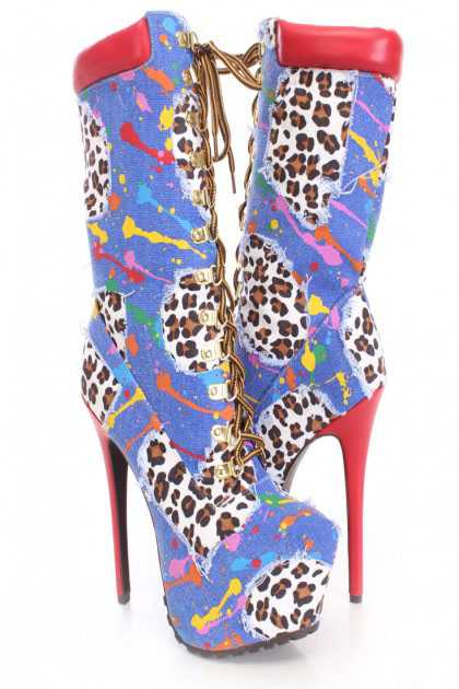 Blue Multi Lace Up Platform Boots Canvas Fabric