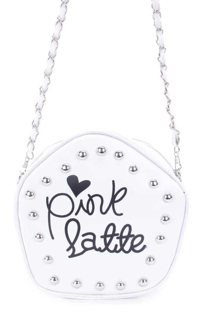 White Faux Leather Graphic Print Studded Handbag