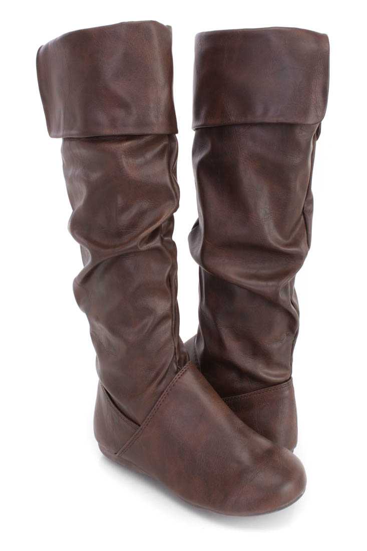 Brown Cuffed Mid Calf Slouchy Riding Boots Faux Leather