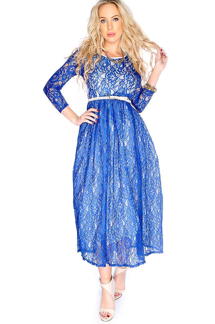 Sexy Royal Blue Floral Overlay Midi Party Dress