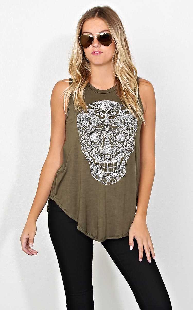Floral Skull Muscle Tank - LGE - Olive/Drab in Size Large by Styles For Less