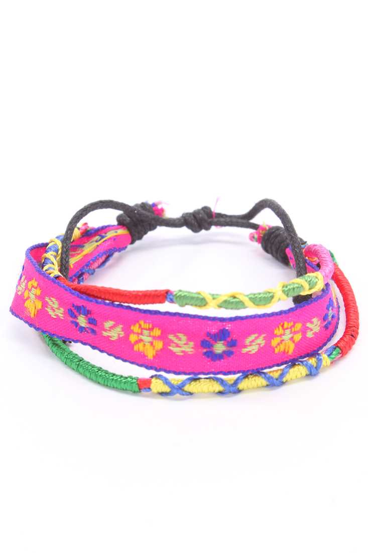 Fuschia Floral Embroidered Triple Band Summer Bracelet
