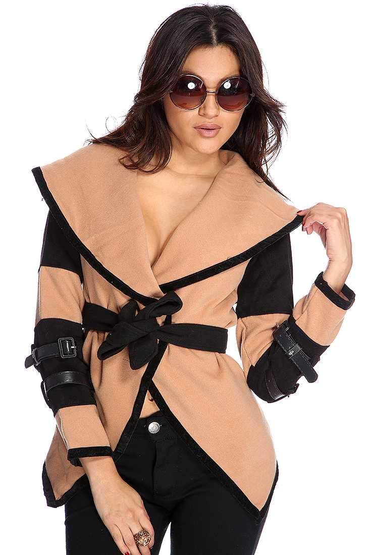 Camel Black Two Tone Waist Tie Outerwear*CELEBRITY STYLE INSPIRED BY VICTORIA BECKHAM*