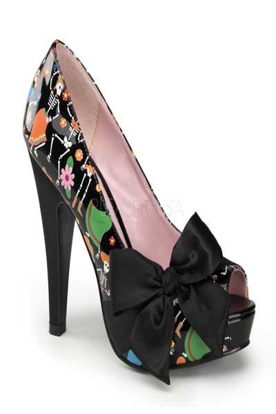 Black Patent Faux Leather Muertos Print Satin Bow Tie High Heels