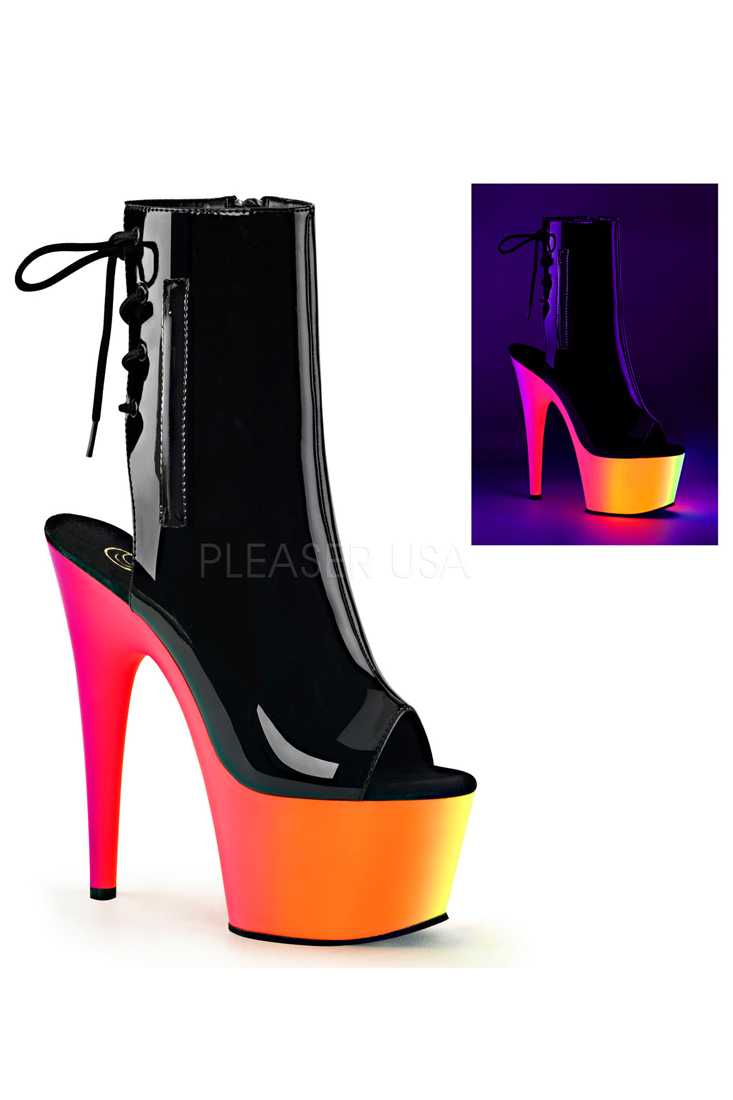Black Lace Up Neon UV Platform Booties Patent