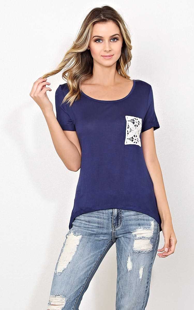Bethany Crochet Inset Knit Top - - Navy in Size by Styles For Less