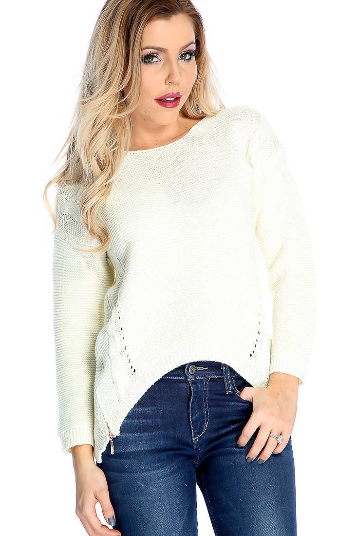 White Cable Knitted Double Zipper Trim High Low Sweater Top
