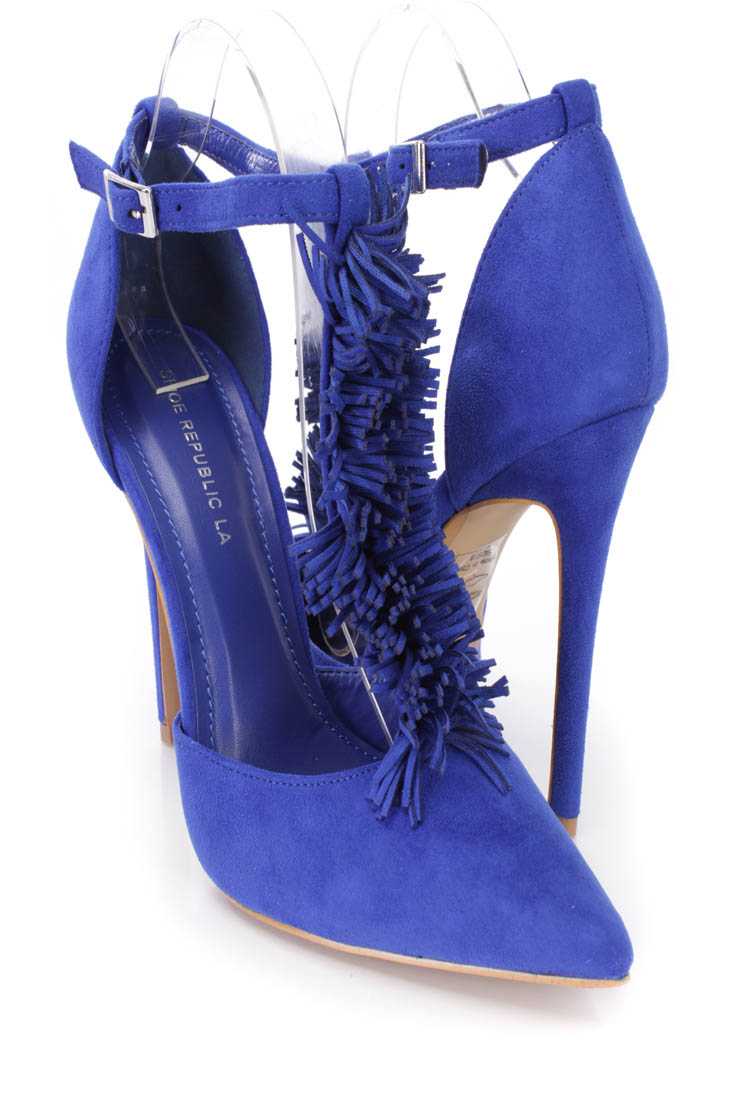 Blue Fringe T-strap Single Sole Heels Faux Suede