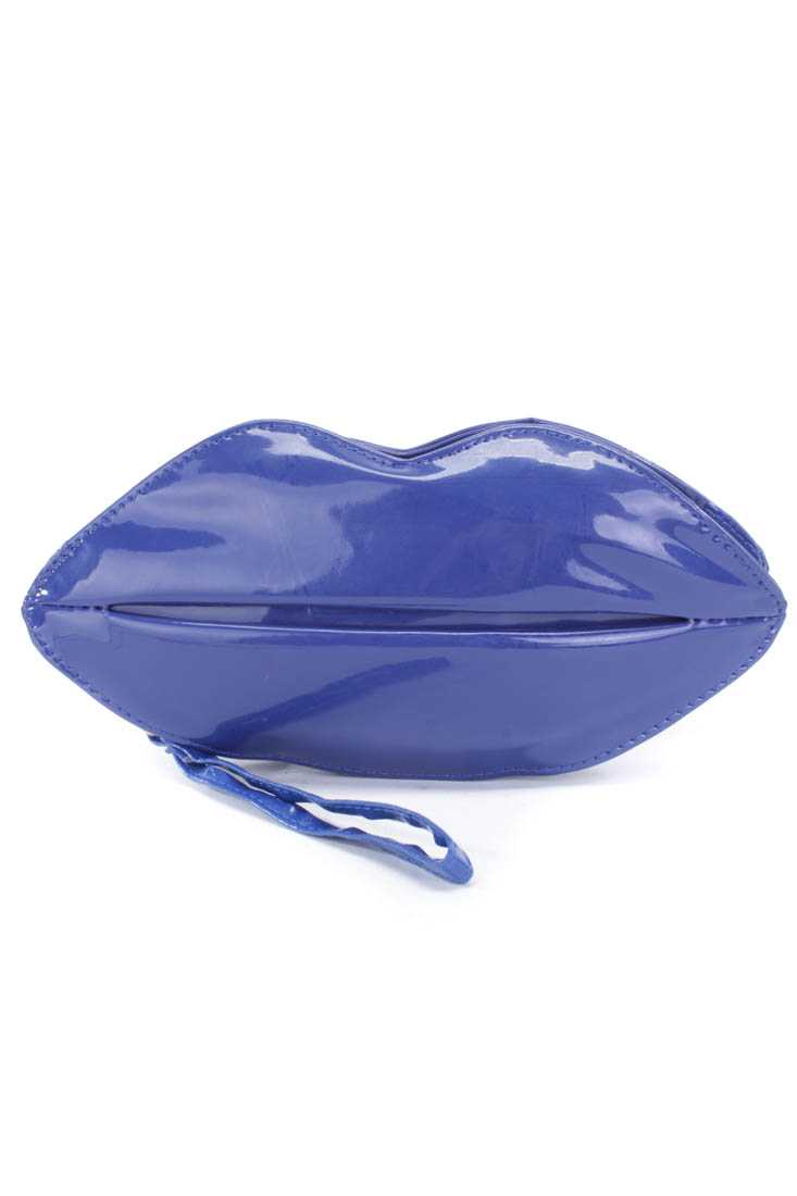 Royal Blue Lip Faux Leather Chain Link Zipper Handbag