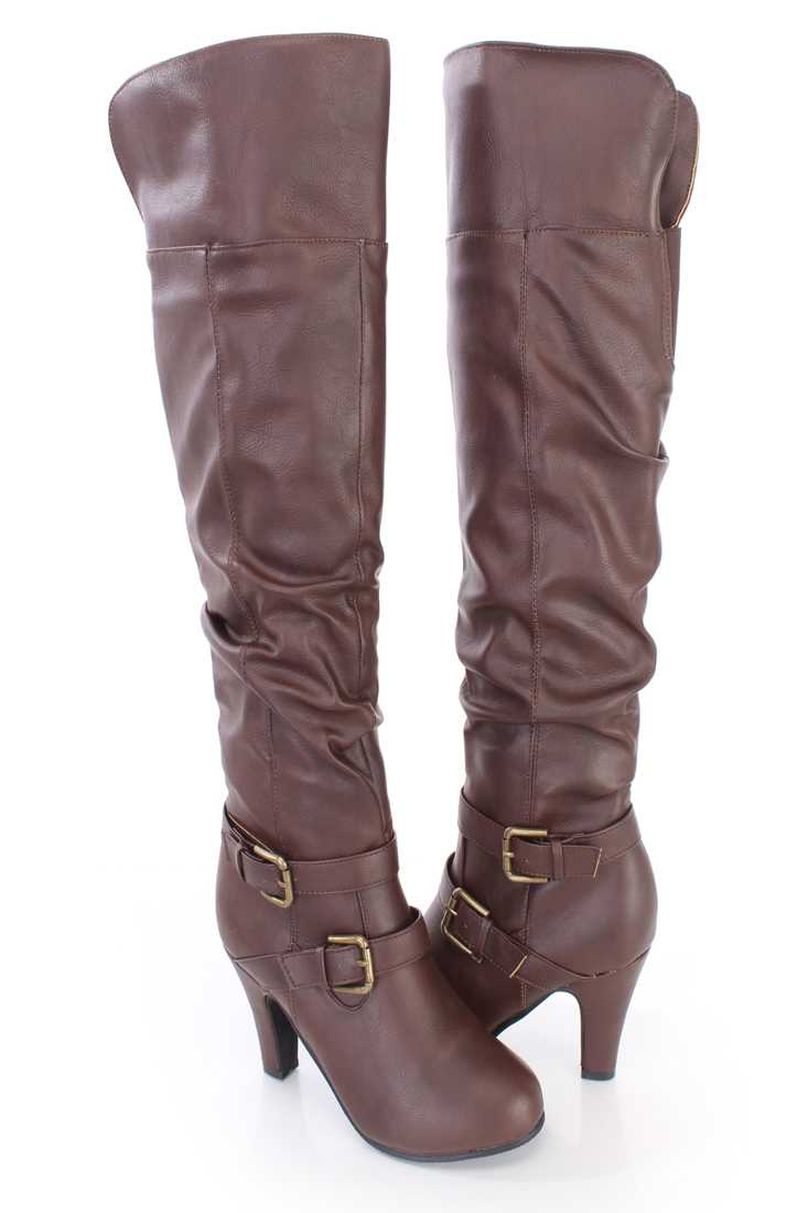 Brown Knee High Strappy Slouchy Boots Faux Leather
