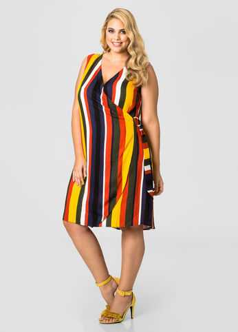 Side Buckle Striped Wrap Dress