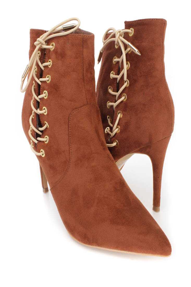 Brown Lace Up Single Sole Ankle Booties Faux Suede