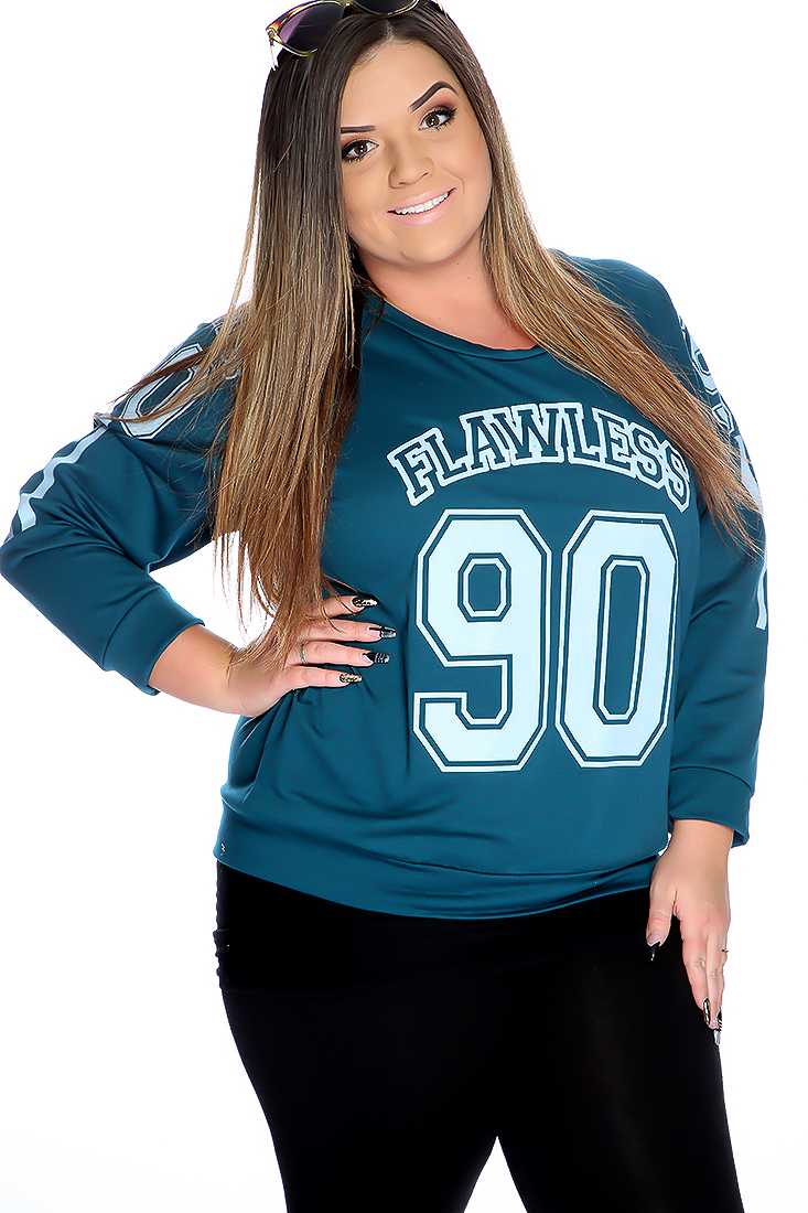 Teal Graphic Design Pull Over Plus Size Sweater