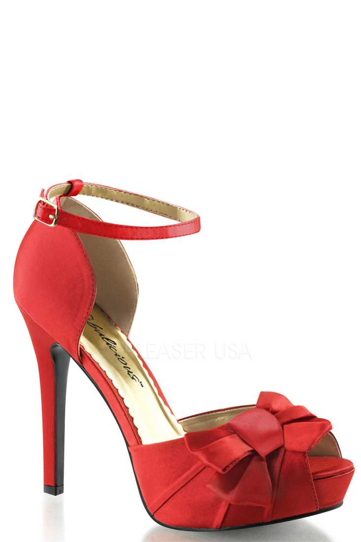 Red Bow Accent Peep Toe High Heels Satin