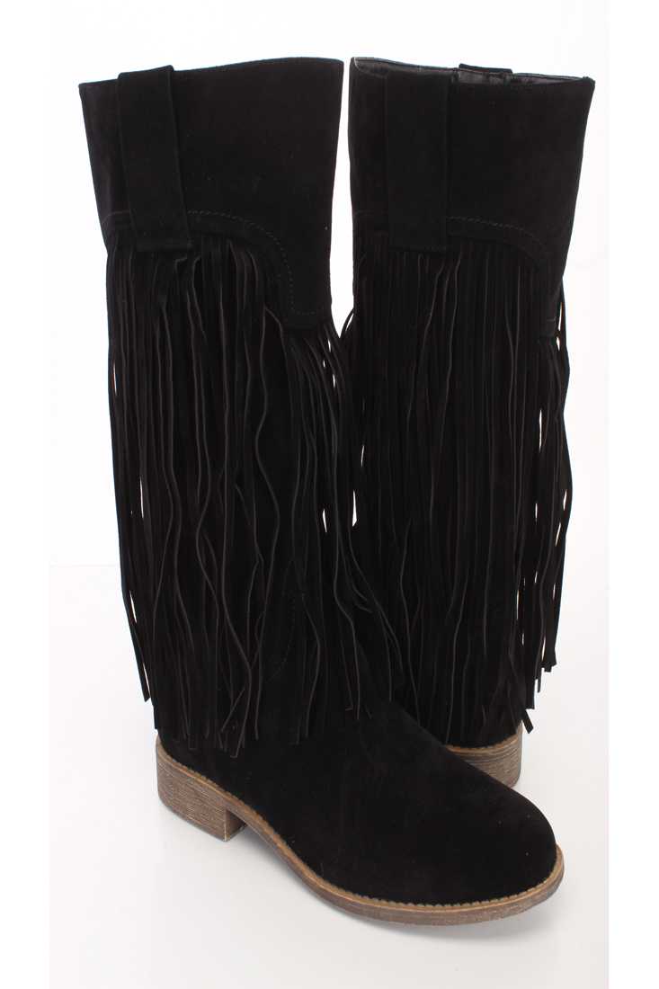 Black Fringe Closed Toe Mid Calf Boots Faux Suede