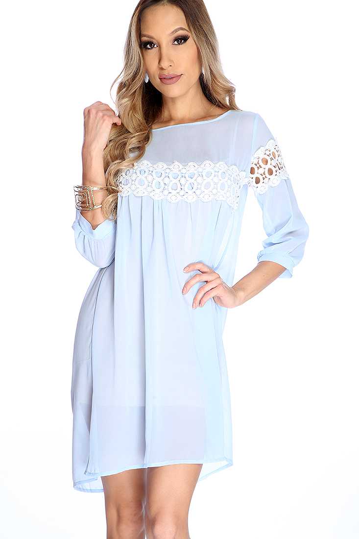 Sexy Light Blue Sheer Crochet Quarter Sleeve Casual Dress