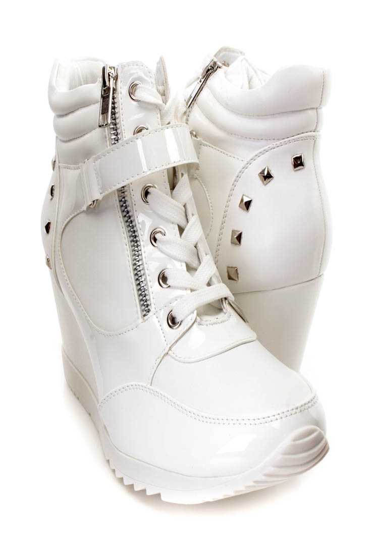 White Studded Mid Strap Sneaker Wedges Faux Leather