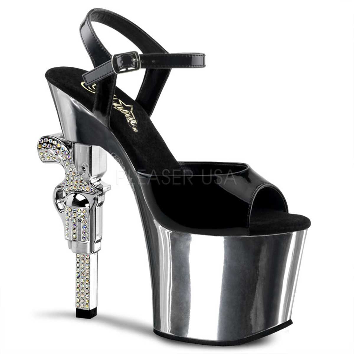 Black Silver Chrome Peep Toe Platform Rhinestone Gun Heels Patent