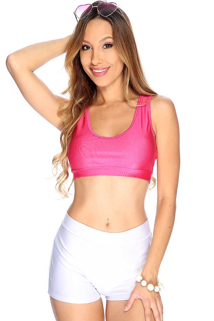Sexy Fuchsia Sleeveless Round Neck Cropped 2 Piece Outfit