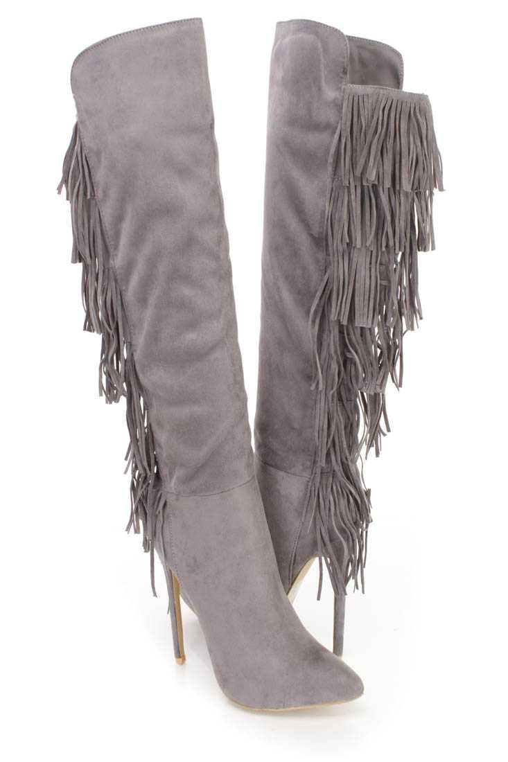 Grey Fringe Pointy Toe High Heel Boots Faux Suede