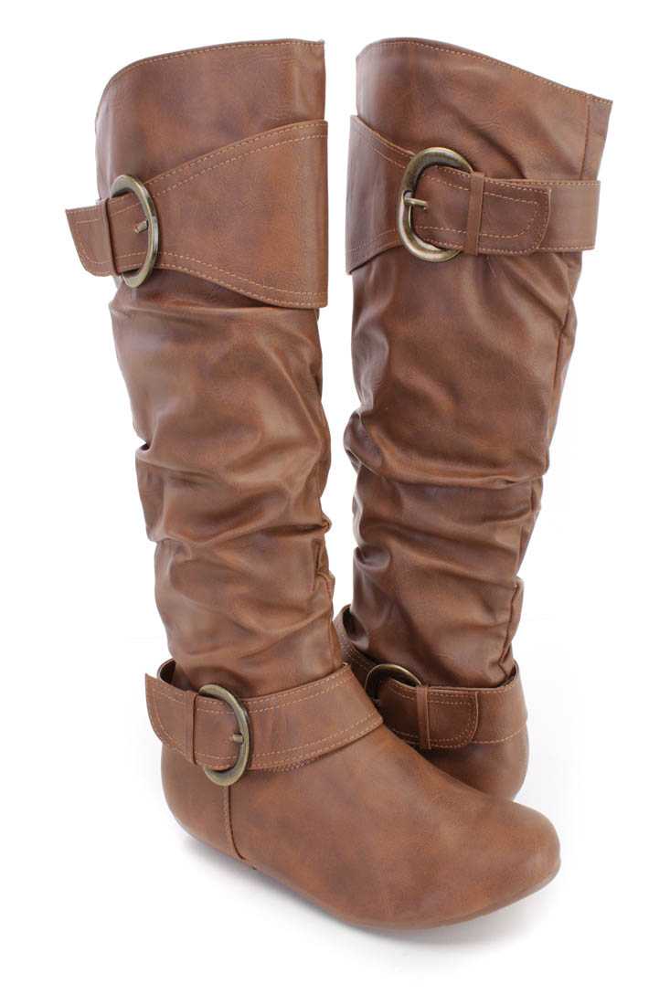 Tan Slouchy Strappy Mid Calf Boots Faux Leather