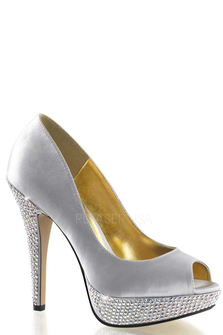 Silver Rhinestone Pump High Heels Satin