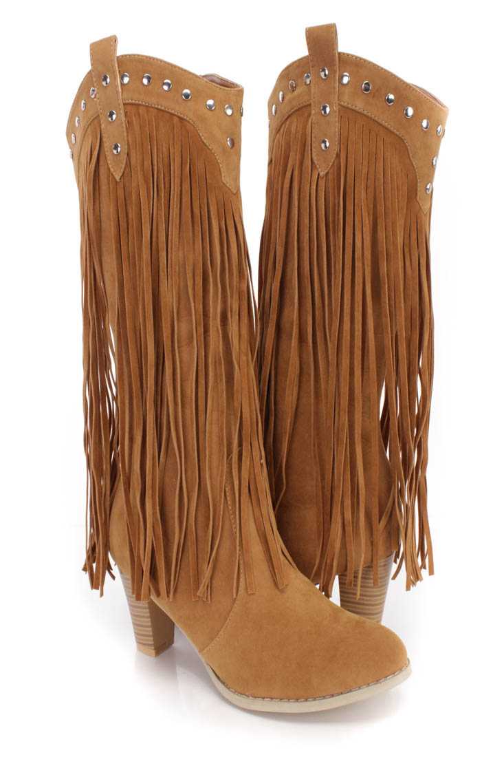 Tan Studded Long Fringe Western Boots Faux Suede