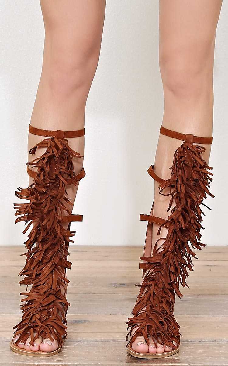 QUPID Romona Fringe Gladiators - Dk Rust in Size by Styles For Less