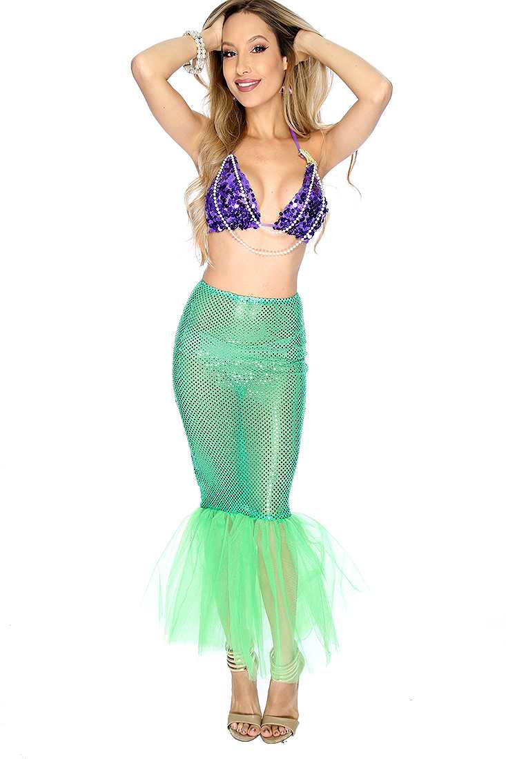 Purple Green Sequin Faux Pearl 2.Piece Mermaid Costume