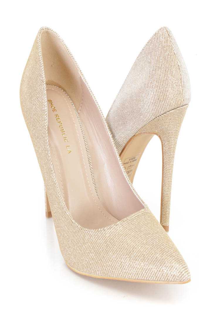Gold Pointy Toe Pump Heels Shimmer Fabric