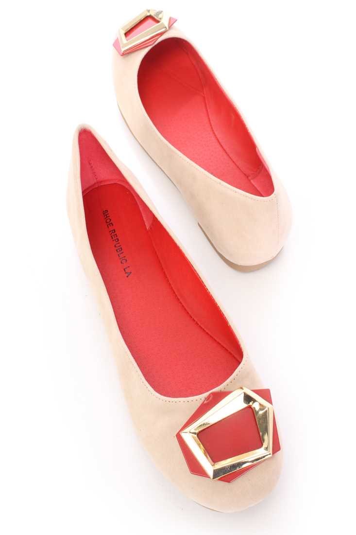 Nude High Polished Geo Decor Flats Faux Suede
